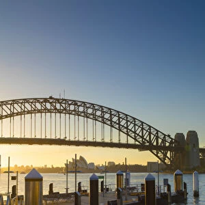 Sydney Harbour Bridge and Sydney Opera House at sunrise, Sydney, New South Wales