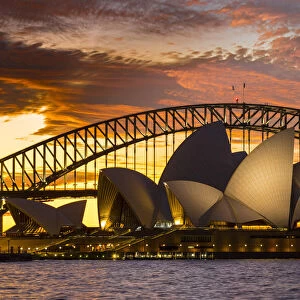 Sydney Opera House and Sydney Harbour Bridge at dusk, Sydney, New South Wales, Australia