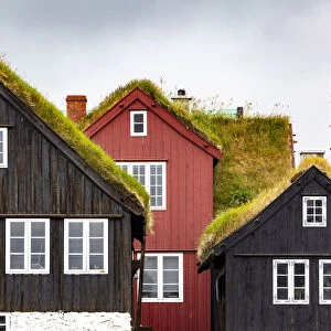 TAorshavn, Faroe Islands, Europe. Typical houses with grass over the roof
