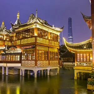 Tea house at the YuYuan Gardens and Bazaar with the Shanghai Tower behind, Old Town