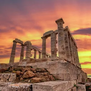 Temple of Poseidon at sunset, Cape Sounion, Attica, Greece