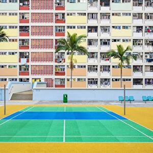 Empty tennis court at Choi Hung Estate, one of the oldest public housing estates in