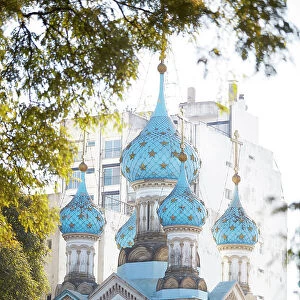 Tha main facade of the Russian Orthodox Cathedral of the Most Holy Trinity, San Telmo, Buenos Aires, Argentina
