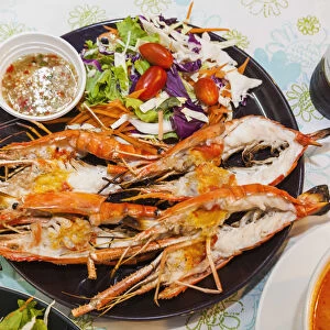 Thailand, Bangkok, Khaosan Road, Seafood Restaurant Plate of Grilled Prawns