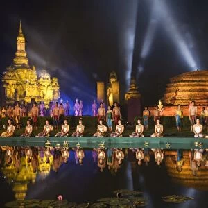Thailand, Sukhothai, Sukhothai. Sound and Light Show at Wat Mahathat in the Sukhothai Historical Park. The show is part of the Loy Krathong festival held in November, featuring cultural performances, parades and the floating of lotus shaped