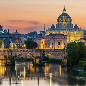 Tiber river and St. Peter's Basilica church at sunset, Rome, Lazio, Italy Tiber river and St. Peter's Basilica church at sunset, Rome, Lazio, Italy