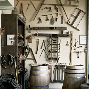 Tools for making wine barrels in the coopers workshop at Muga winery