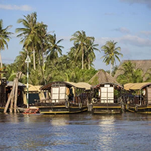 Tourist boats at resort on Ben Tre River, Ben Tre, Mekong Delta, Vietnam