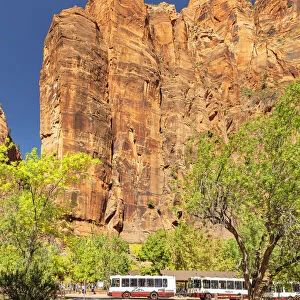 Tourist bus at Temple of Sinawawa, Zion National Park, Colorado Plateau, Utah, USA