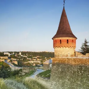 Tower of Old Castle with Old Town in background, Kamyanets-Podilsky, Podillya, Ukraine