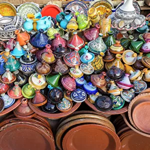 Traditional ceramics for sale at stall in medina, Meknes, Morocco