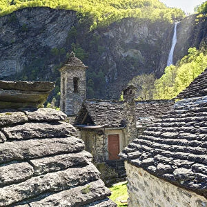 Traditional houses and church of Foroglio, Val Bavona, Canton of Ticino, Switzerland