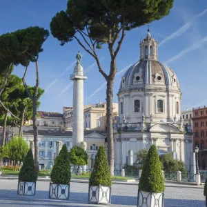 Trajans Column (UNESCO World Heritage Site) in Trajans Forum and church of Santa Maria di Loreto