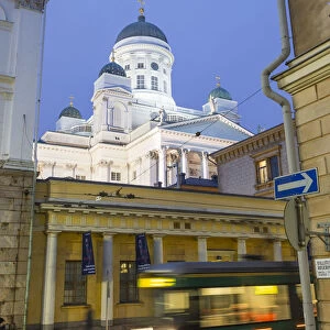 Tram & Lutheran cathedral, at dusk, Helsinki, Finland