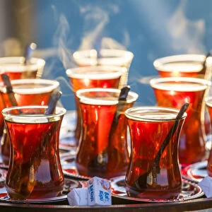 Tray containing glasses of tea, Istanbul, Turkey