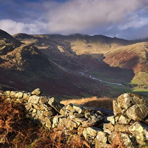 Tumbledown dry stone wall near Great Langdale in the Lake District, Cumbria, England