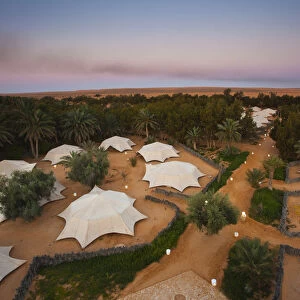 Tunisia, Ksour Area, Ksar Ghilane, Grand Erg Oriental Desert, elevated view of Hotel