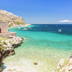 Turquoise and light blue sea at Limeni Beach, Mani region, Peloponnese, Greece, Europe