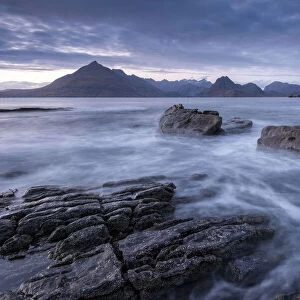 Twilight over the Cuillin mountains from Elgol on the Isle of Skye, Scotland, UK
