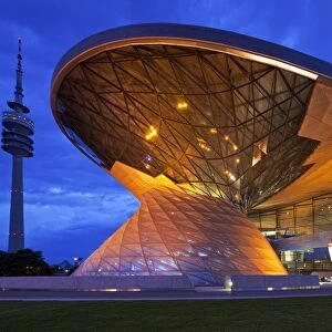 Twilight view of the main entrance to BMW Welt (BMW World), a multi-functional customer experience