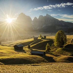 Some typical cabins in the meadows of the Alpe di Siusi (Seiser Alm) during an early autumn sunrise, with the Sassolungo and Sassopiatto in the background. Dolomites, Italy