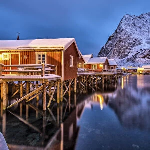 The typical fishermen houses called Rorbu in Reine at dusk. Lofoten islands. Norway