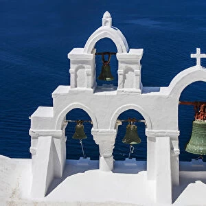 Typical Greek white befry, Oia, Santorini, South Aegean, Greece