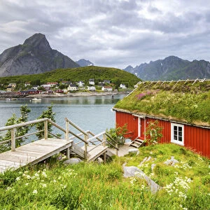 Typical Rorbu surrounded by grass, Nordland county, Lofoten Islands, Northern Norway