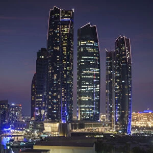 UAE, Abu Dhabi, Etihad Towers, dusk