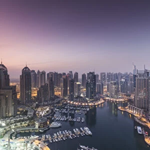 UAE, Dubai, Dubai Marina, elevated view of the marina, dawn