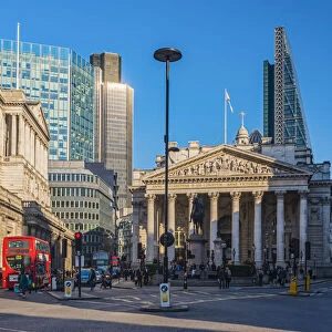 UK, England, London, The City, Bank of England (left) and the Royal Exchange, Tower 42
