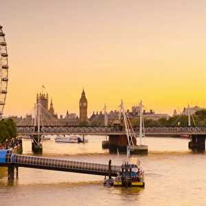 UK, England, London, Hungerford Bridge over River Thames, London Eye and Big Ben