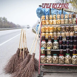 Ukraine, Countryside, Roadside Farm Stand, Mushrooms, Honey, Apples, Jams And Brooms
