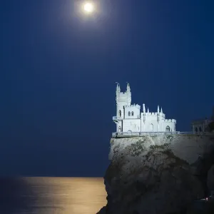 Ukraine, Crimea, Yalta, Gaspra, Full moon over shines over The Swallows Nest