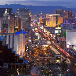 United States of America, Nevada, Las Vegas, Elevated dusk view of the Hotels