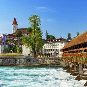 Upper Lock Bridge, Thun Town Church, Thun Castle and Aare River, Thun, Canton of Bern, Switzerland Upper Lock Bridge, Thun Town Church, Thun Castle and Aare River, Thun, Canton of Bern, Switzerland