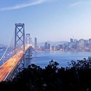 USA, California, San Francisco, City skyline and Bay Bridge from Treasure Island