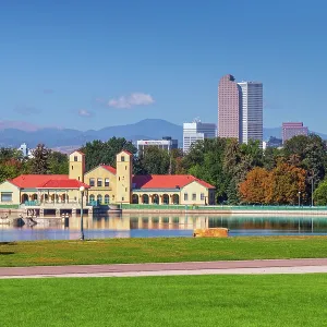 USA, Colorado, Denver skyline, City Park, City Park Pavillion and Ferril Lake, Rocky Mountains Front Range beyond