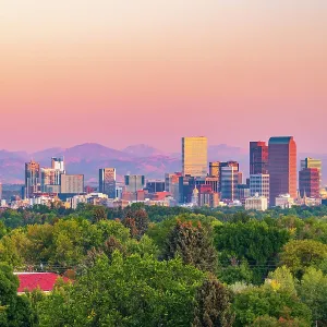 USA, Colorado, Denver, skyline with Rocky Mountains Front Range beyond