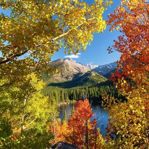 USA, Colorado, Rocky Mountain National Park, Longs Peak mountain from Bear Lake
