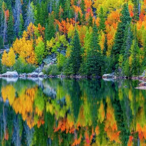 USA, Colorado, Rocky Mountain National Park, Longs Peak mountain from Bear Lake