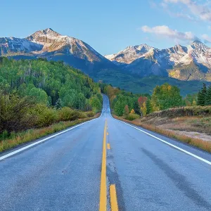 USA, Colorado, Telluride, Highway 145, part of the San Juan Skyway Scenic Byway, Sunshine Mountain, Mount Wilson and Wilson Peak