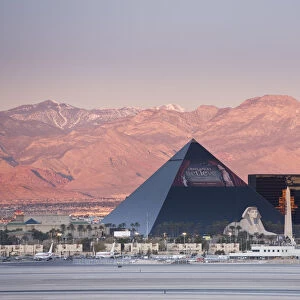 USA, Nevada, Las Vegas, The Strip, view of Luxor Hotel and Casino from McCarran