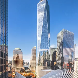 USA, New York City, elevated view of the Freedom Tower and the World Trade Center with the PATH station (Oculus)