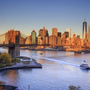 USA New York City Print: Brooklyn Bridge and Lower Manhattan Skyline