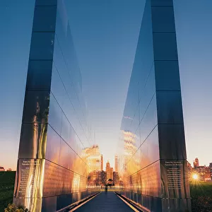 USA, New York City, Empty skies 9/11 memorial in Liberty state park with the Liberty Tower and the World Trade Center