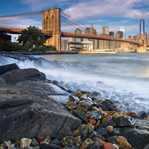 USA, New York, Manhattan and Brooklyn Bridge across East River, from Dumbo, Brooklyn