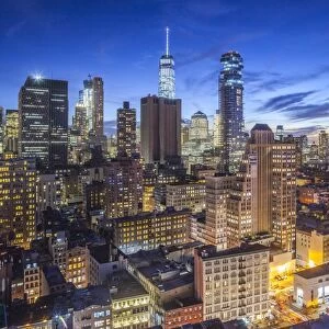USA, New York, New York City, Lower Manhattan, elevated view of SoHo, dusk