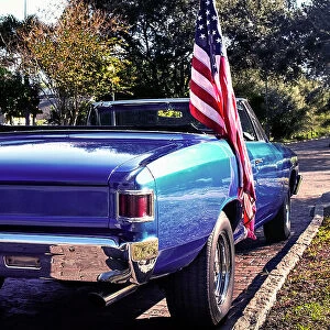 USA, Saint Petersburg, Florida, 1960's Chevrolet Chevelle, American Flag