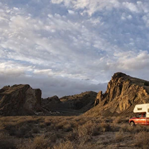 USA; Southwest, New Mexico; Cerrillos, Truck camper in desert